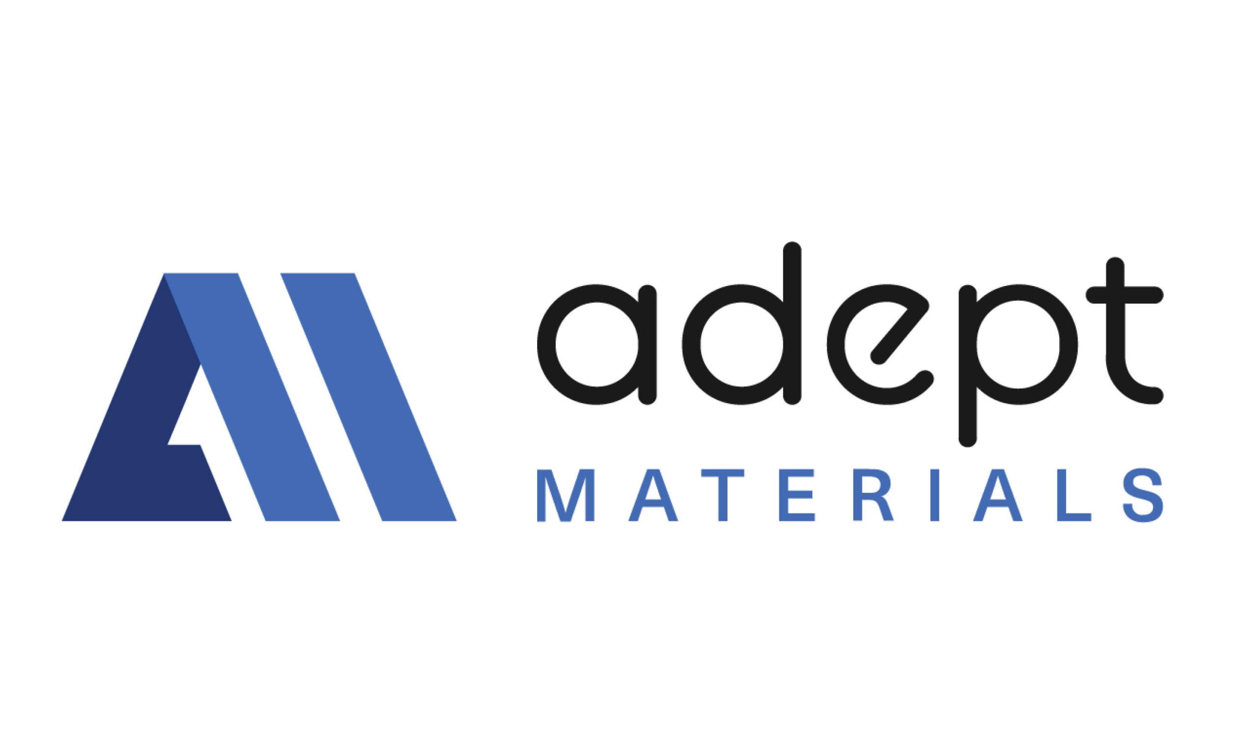 In black lowercase font reads "Adept," below which reads "Materials" in blue upper-case. On the left of the text is the Adept logo, a gradient blue A.