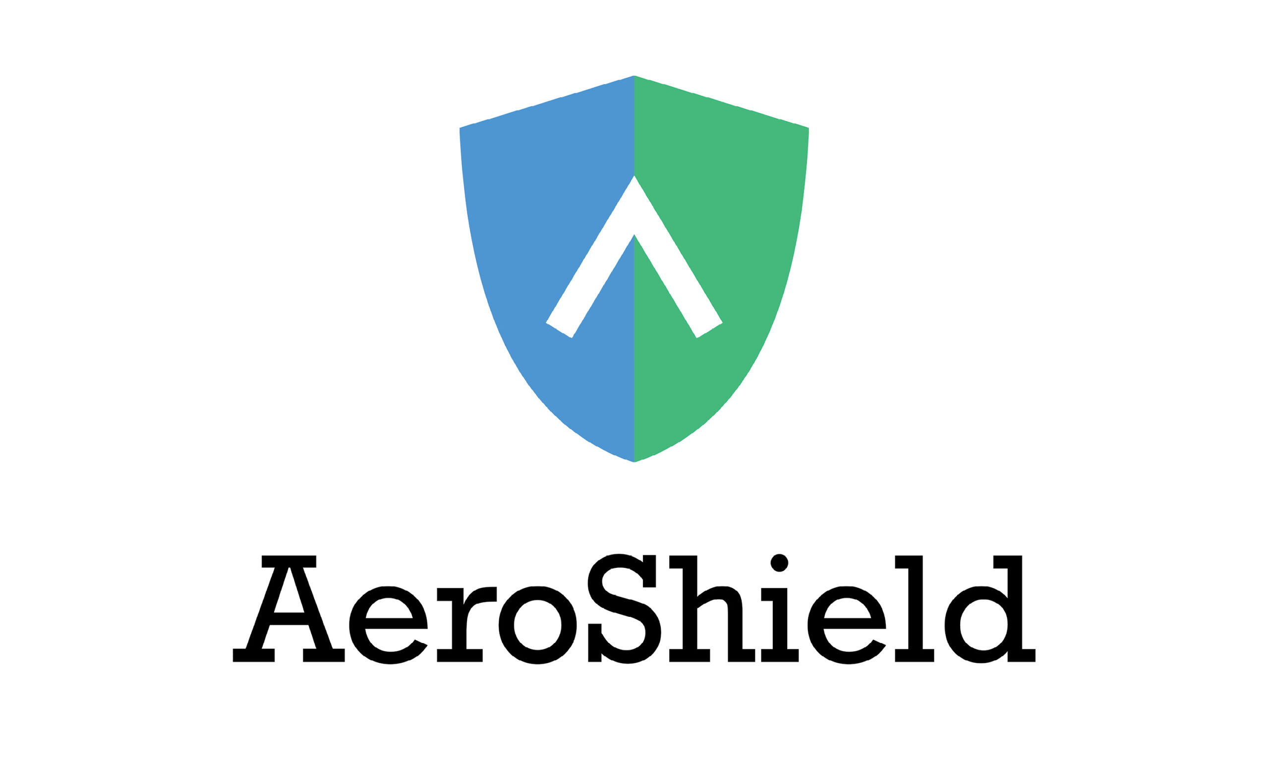 Shield icon, half blue and half green. Beneath shield, text reads "AeroShield" in black font.