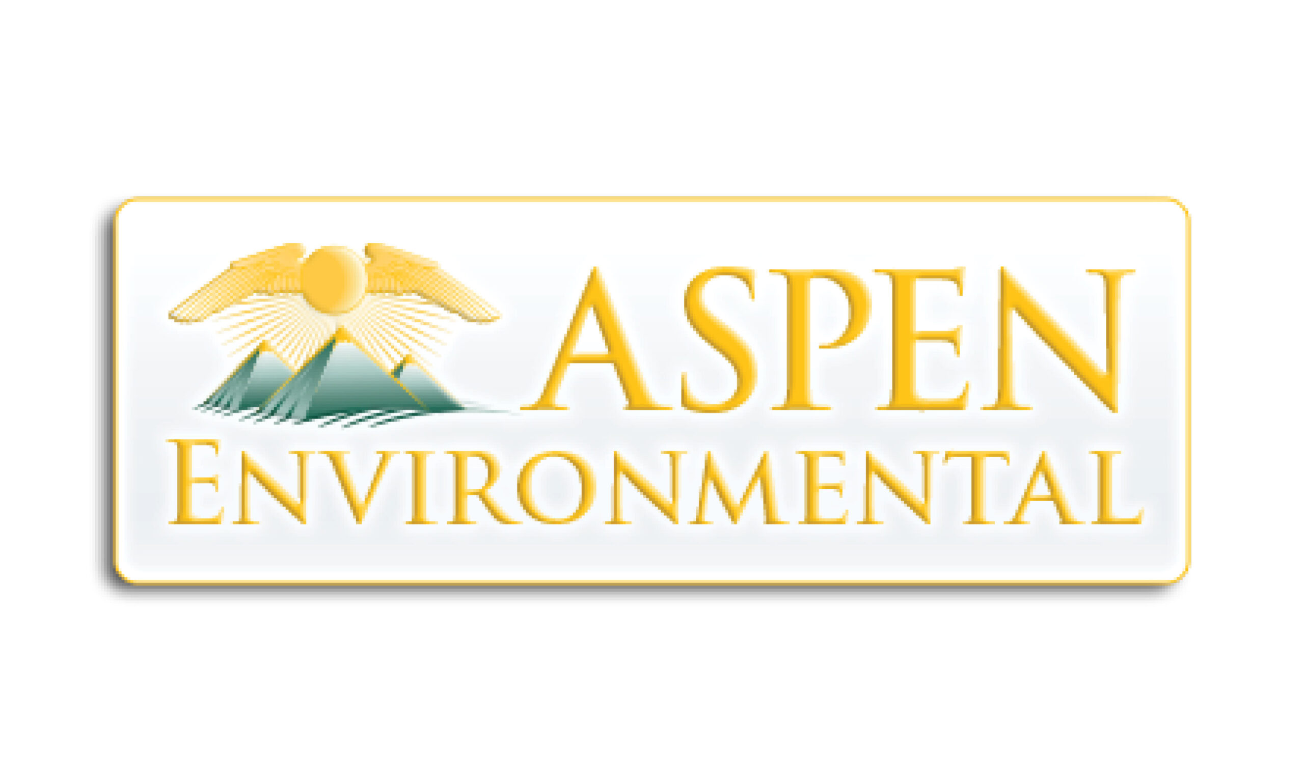 In yellow serif text, reads "Aspen Environmental." Three grey pyramids on the left of "Aspen" with a yellow winged object above.