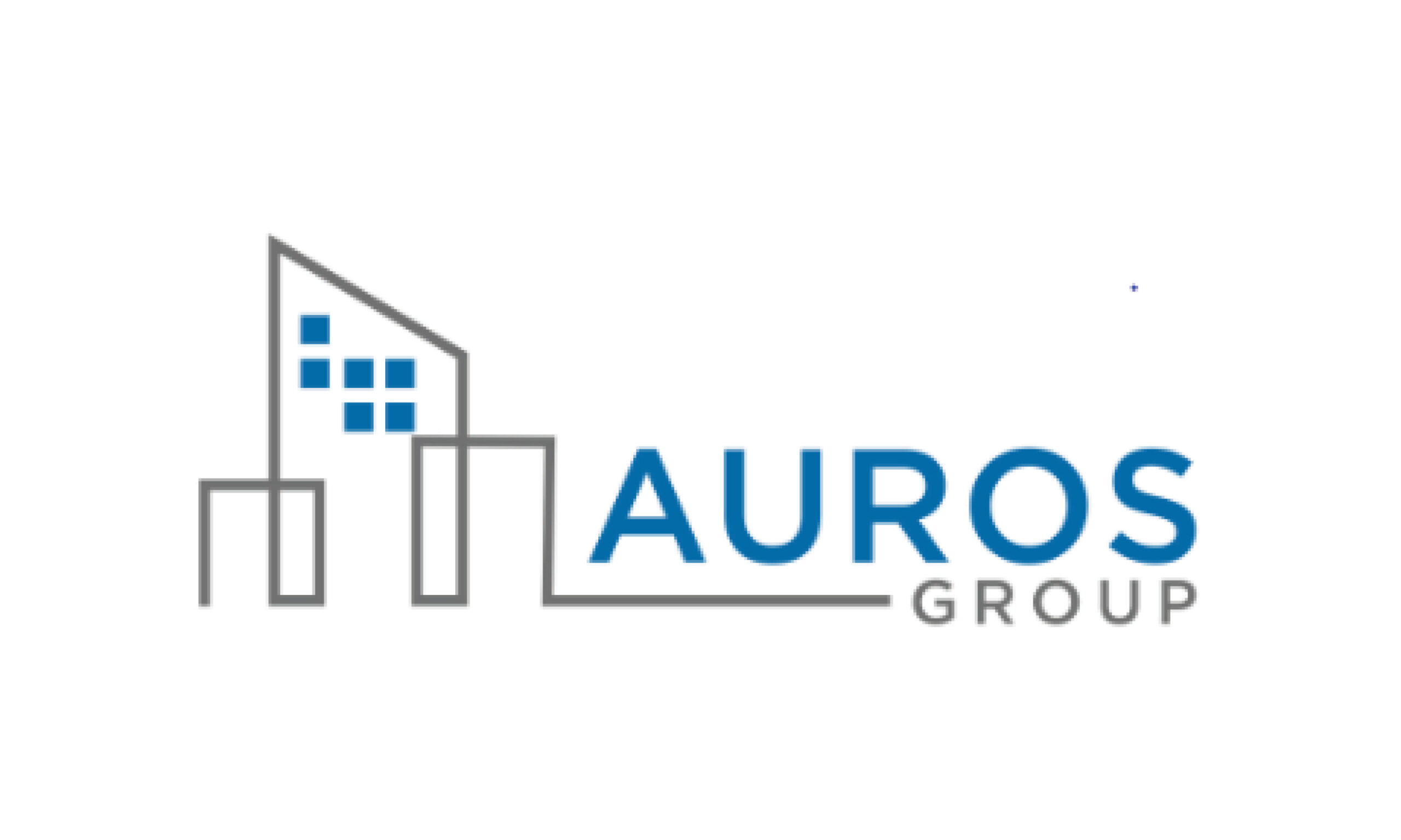 A grey linework of a series of buildings, with blue windows, connects into the word "Group" above which reads "Auros" in blue.