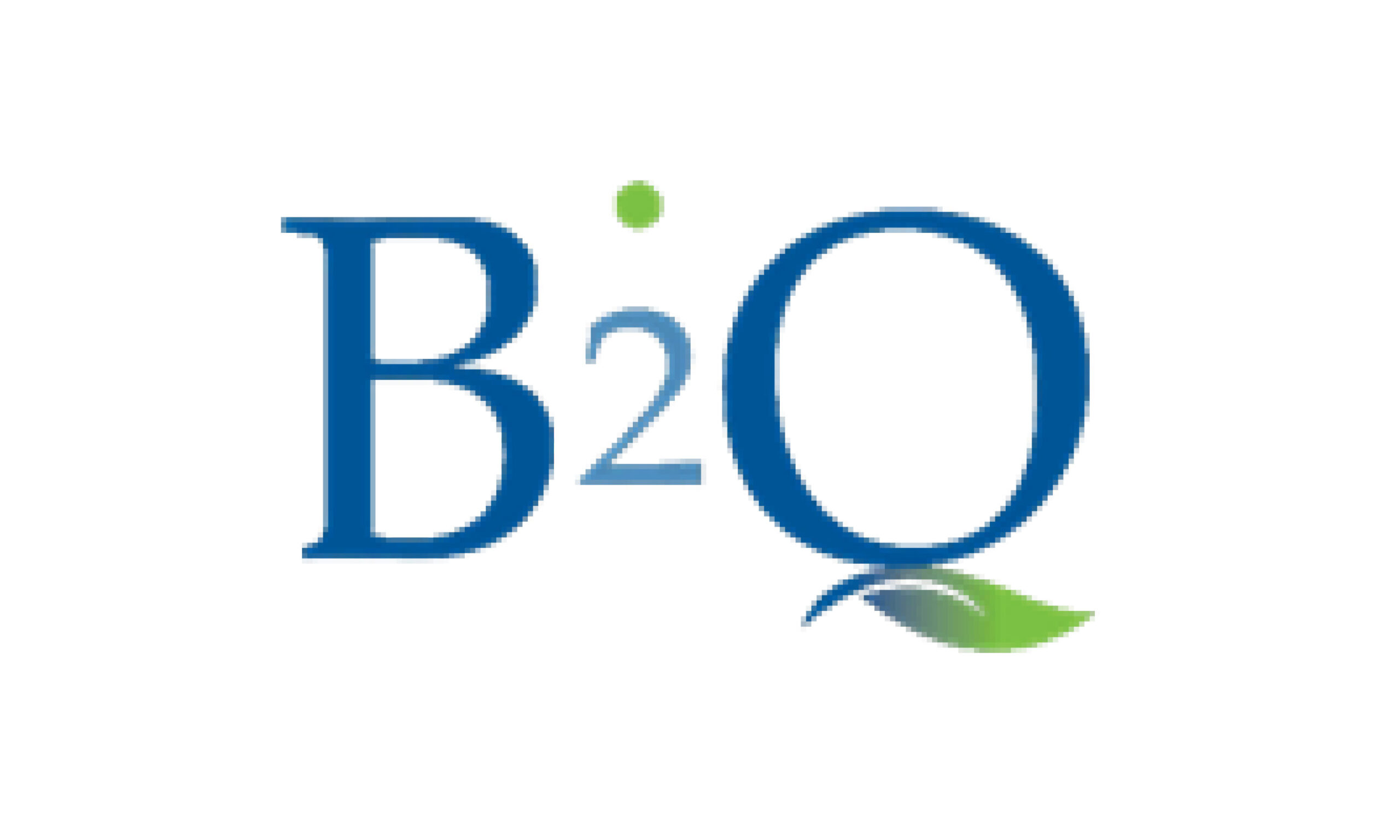 In blue letters, reads B2Q. Part of the Q resembles a leaf