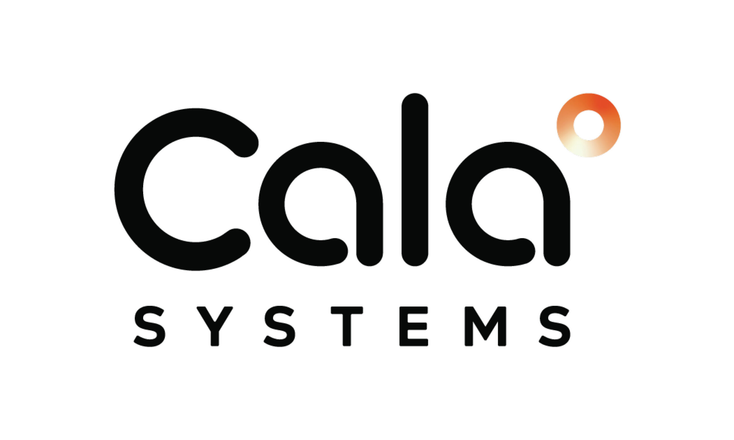 In black text reads "Cala" and below reads "Systems" in smaller text. An orange circle sits at the top right corner of "Cala."