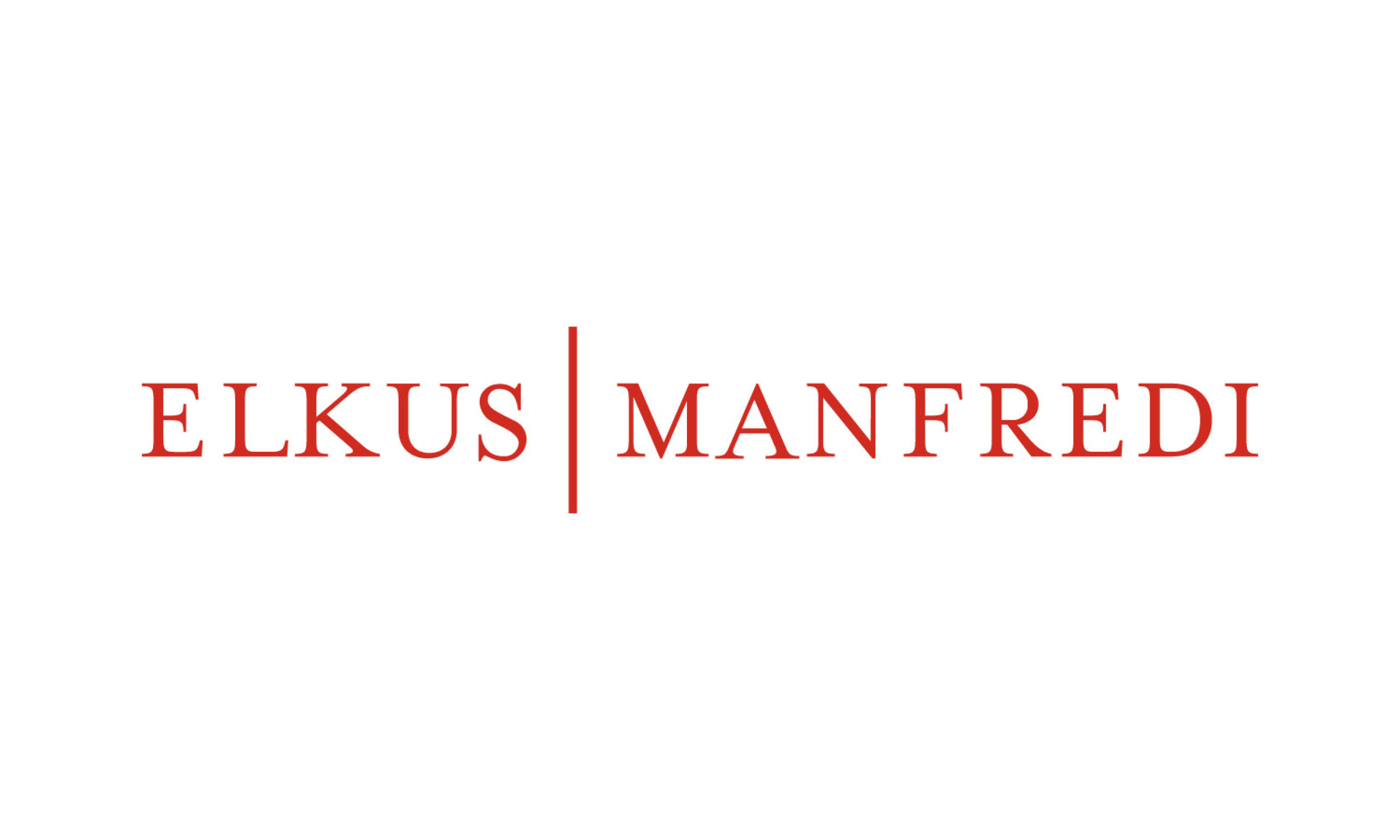 In red uppercase serif reads "Elkus Manfredi" with a vertical line dividing the two names.