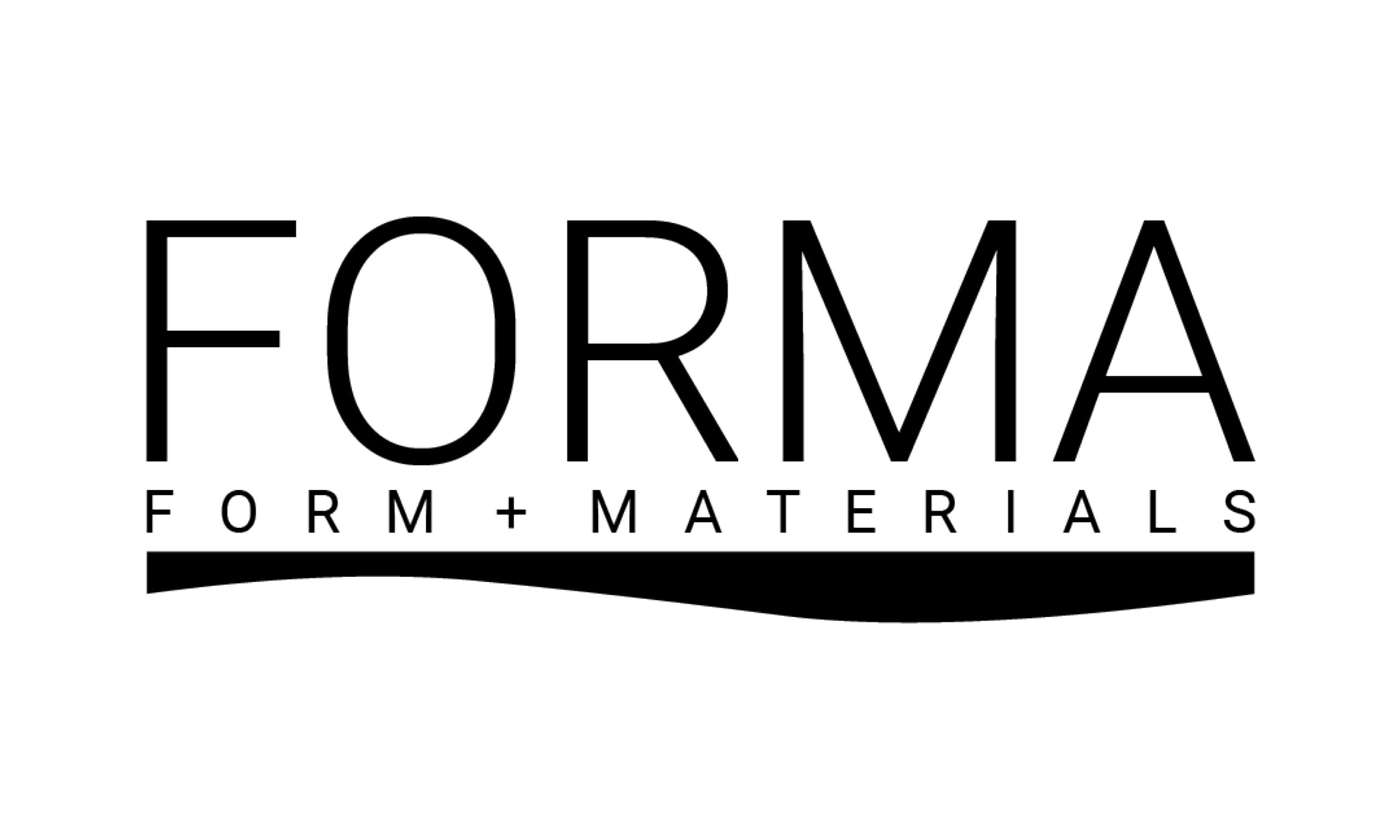 In black text reads "Forma" below which reads "Form + Materials" in smaller text. A black line which undulates in size sits below the bottom text.