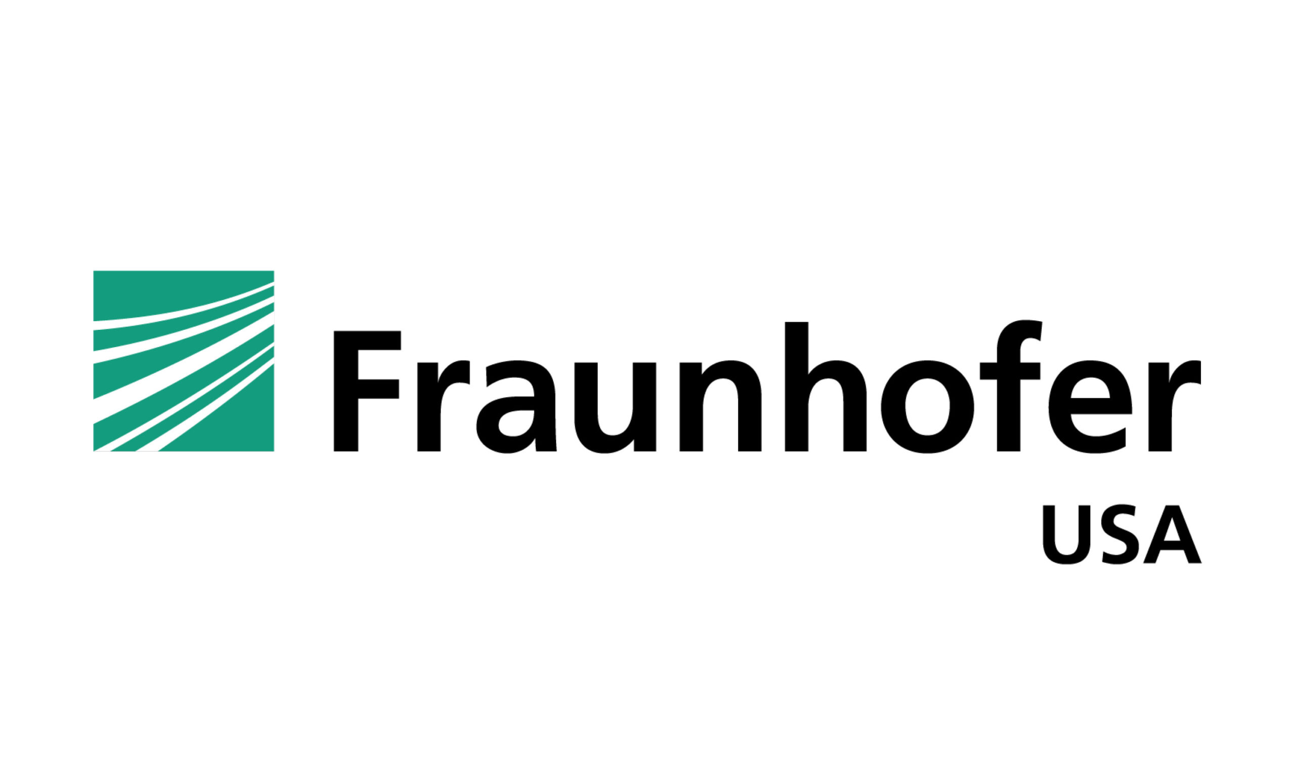 In black text reads "Fraunhofer" with "USA" written below it in smaller text. A teal square logo with diagonal lines through it sits on the left of the text.