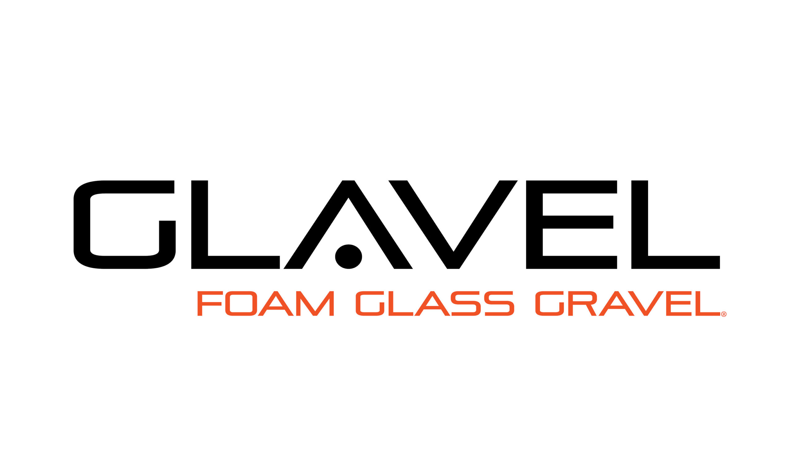 Reads "Glavel" in all caps, with a dot instead of a line in the A. Under which reads "Foam Glass Gravel" in orange all caps.