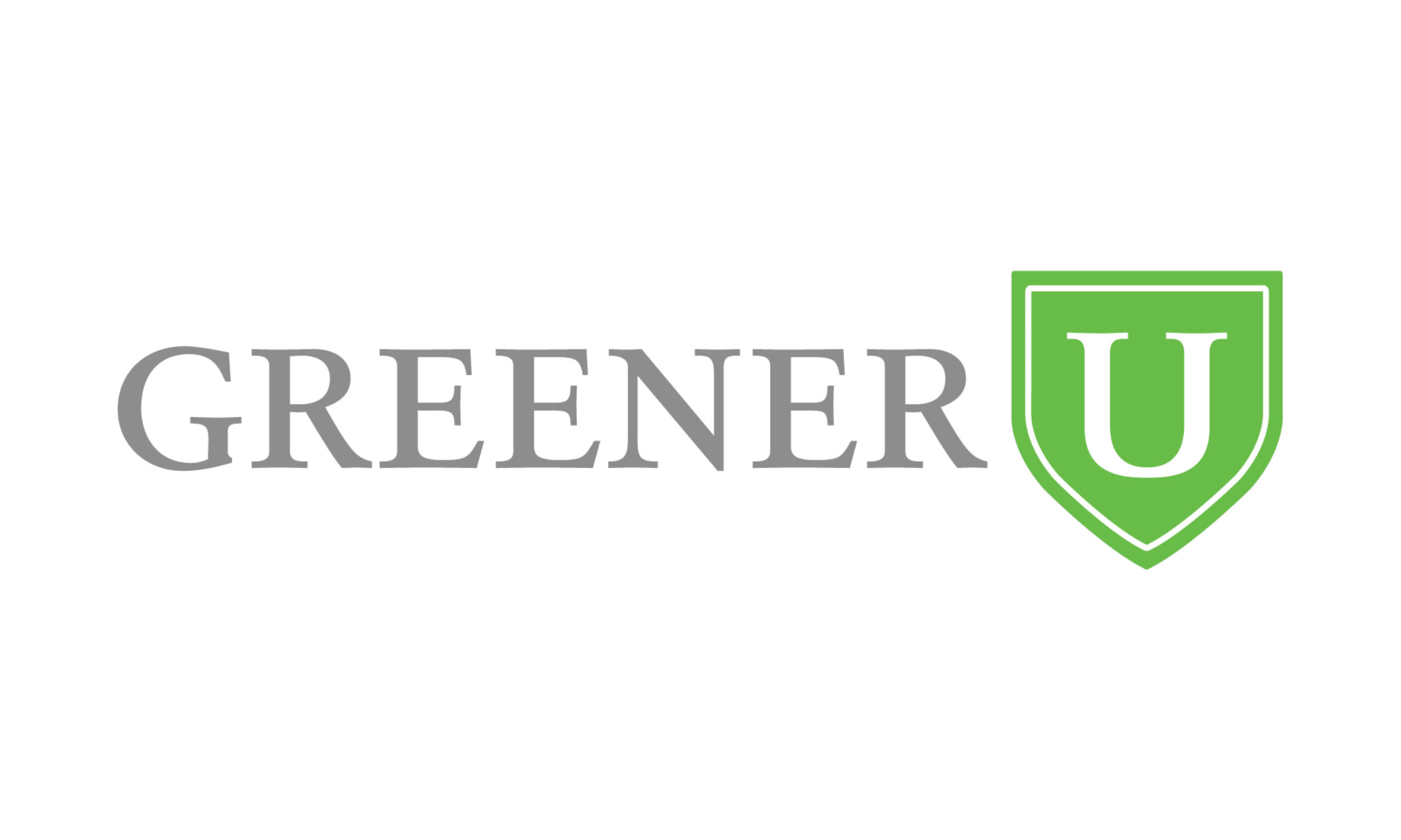 In grey serif reads "Greener" followed by a white serif U encased in a green emblem.