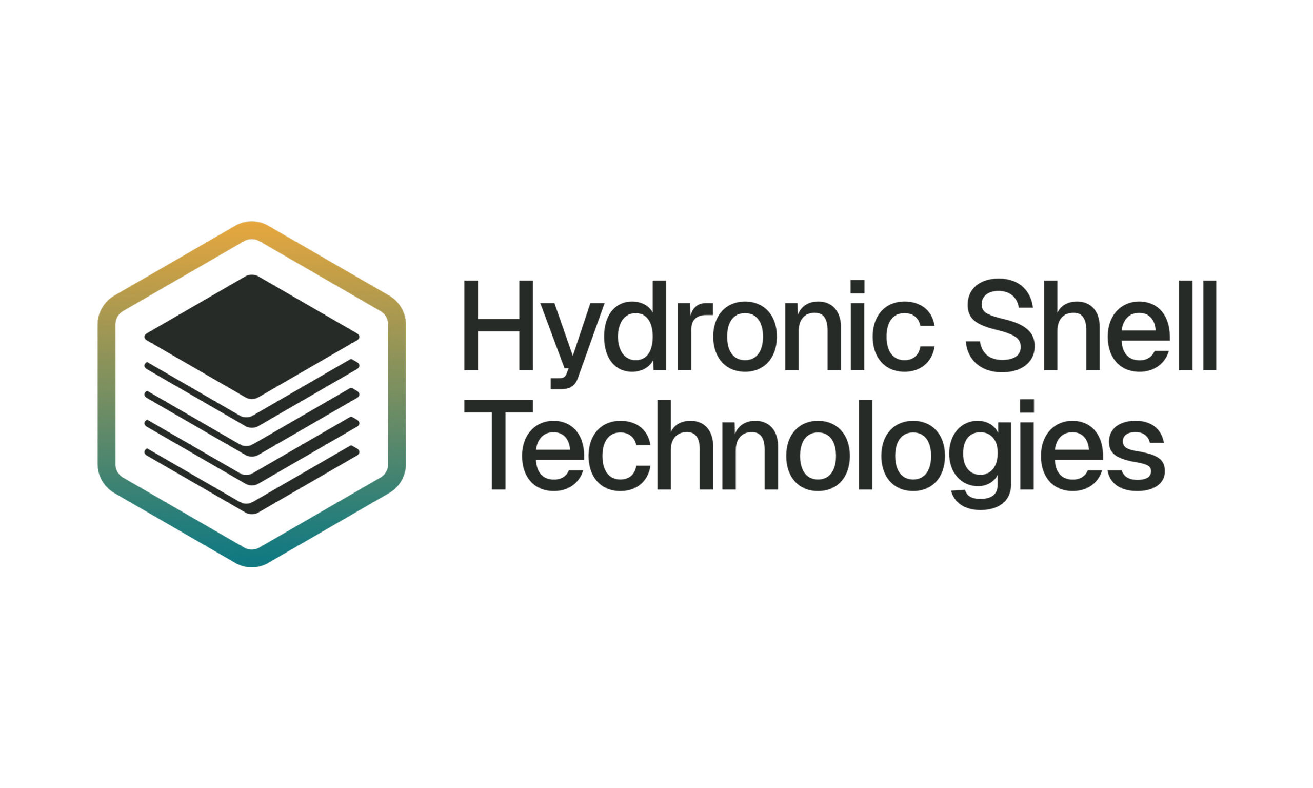 In black text reads "Hydronic Shell Technologies." On the left of the text is a logo, a 3D layered cube surrounded by a gradient.