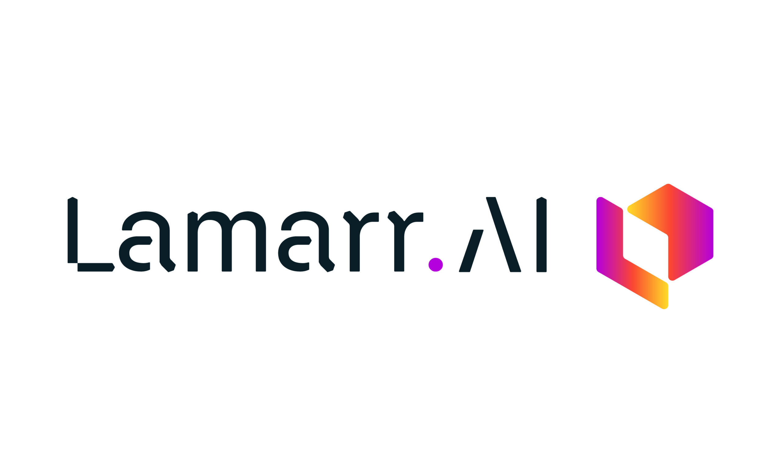 In black, futuristic text reads "Lamarr.AI," on the left of which is a pink and orange gradient logo in the shape of a box.