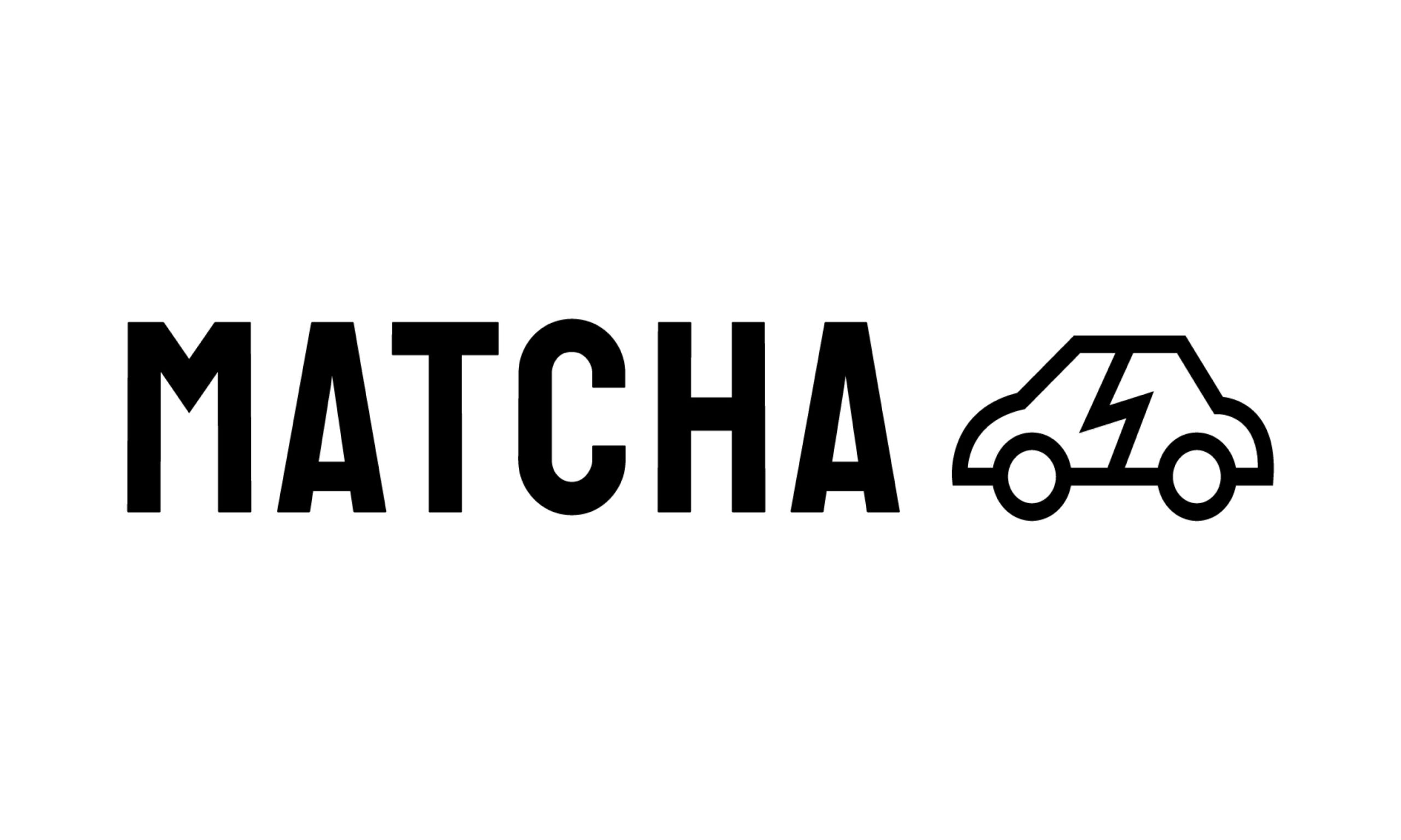 In black bold text reads "MATCHA." On the right of the text is a line-work image of a car with a lightning bolt through the middle.