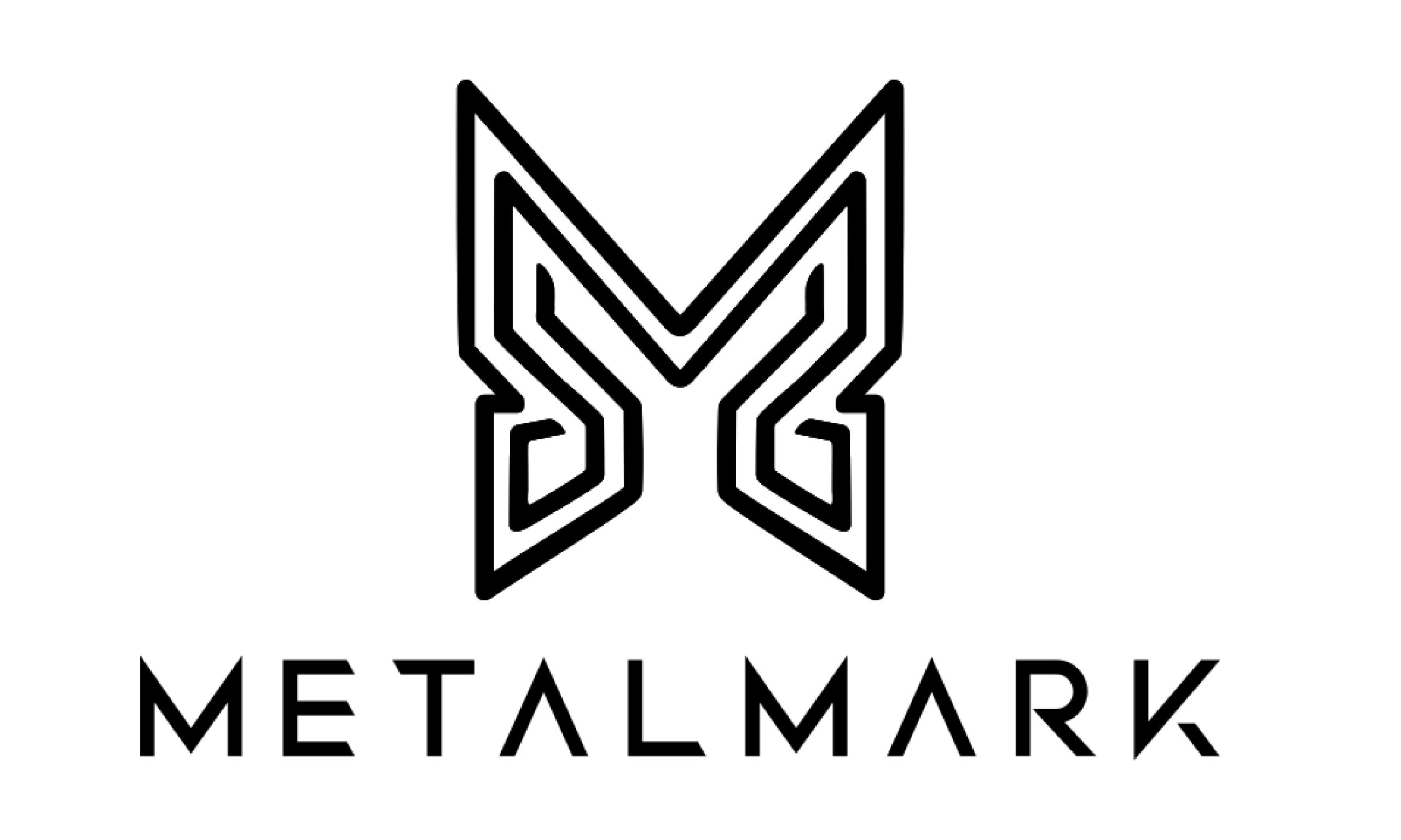 In black futuristic text reads "METALMARK." Above the text is a bold linework image of a butterfly.