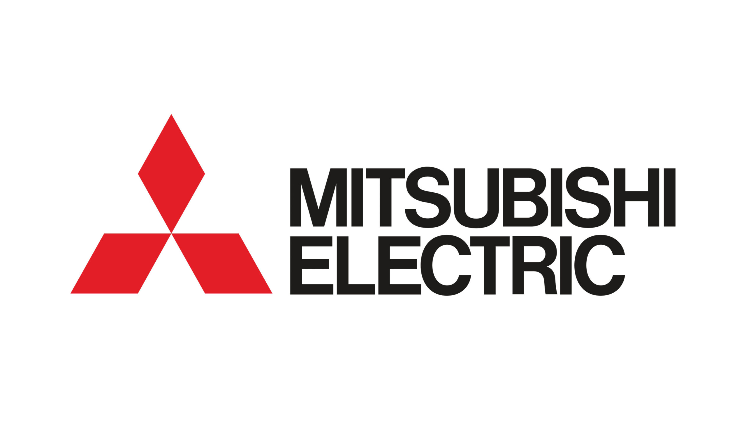 In black all-caps reads "Mitsubishi Electric," the words stacked vertically. On the left of the text is the red Mitsubishi logo, comprised of three diamonds in the shape of a triangle.