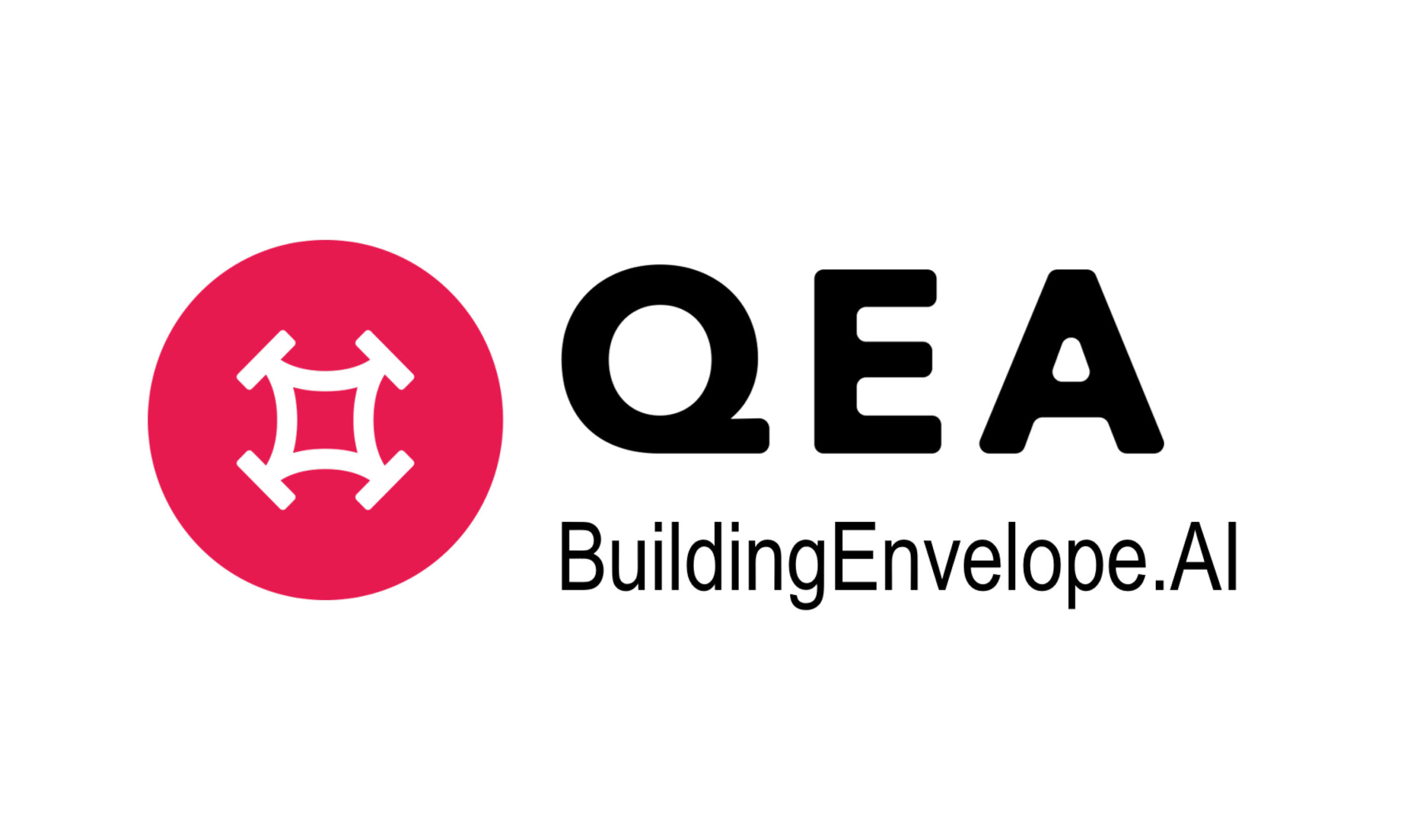 In bold black all-caps reads "QEA" with "BuildingEnvelope.AI" written under in thinner normal-caps. On the left of the text is a pinkish-red circle with a white square logo inside.