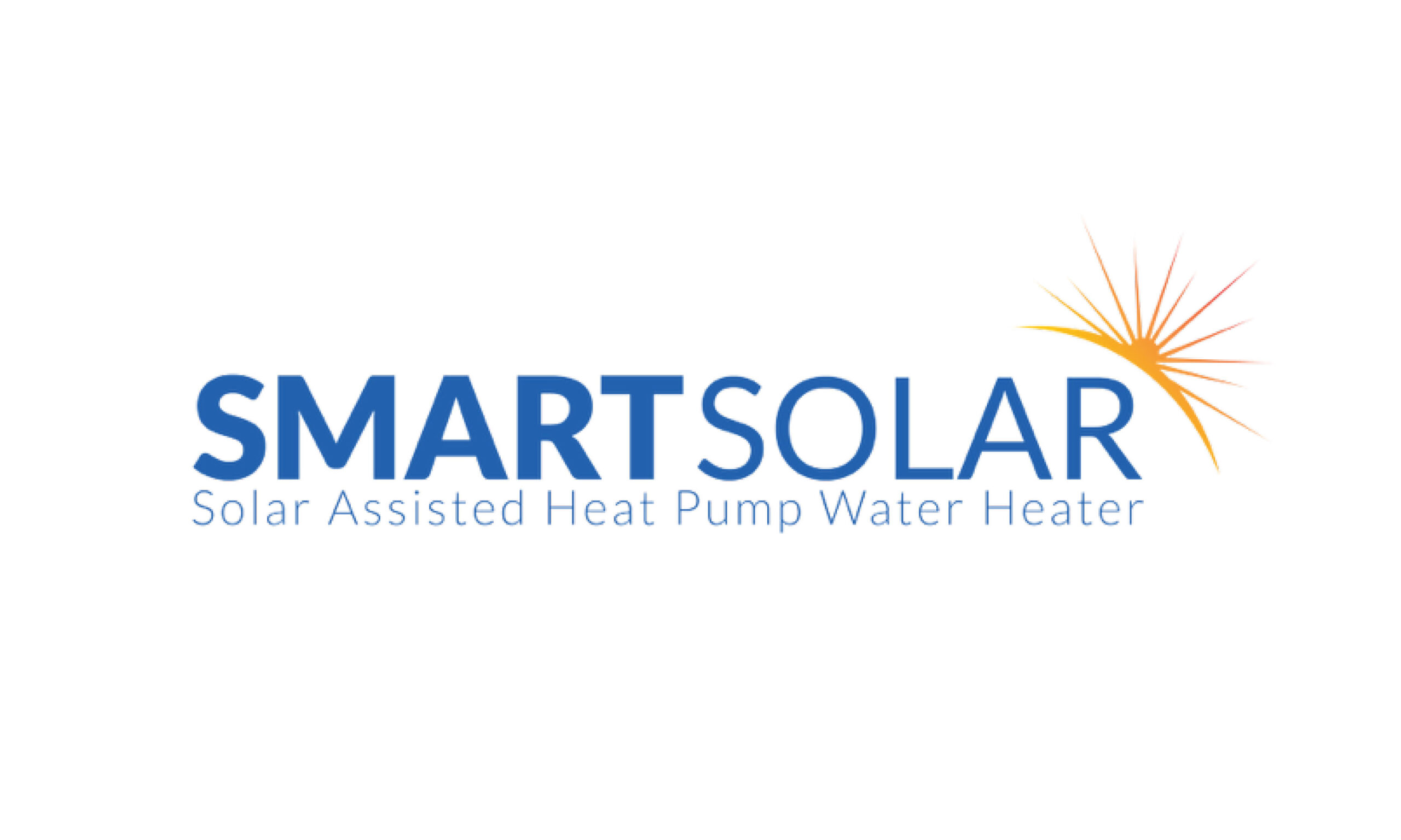 In blue bolded font reads "Smart" and in less bold blue font subsequently reads "Solar." Under this text reads, "Solar Assisted Heat Pump Water Heater," in thin blue font. Located on the top right of the word "Solar" is an orange and red solar ray.
