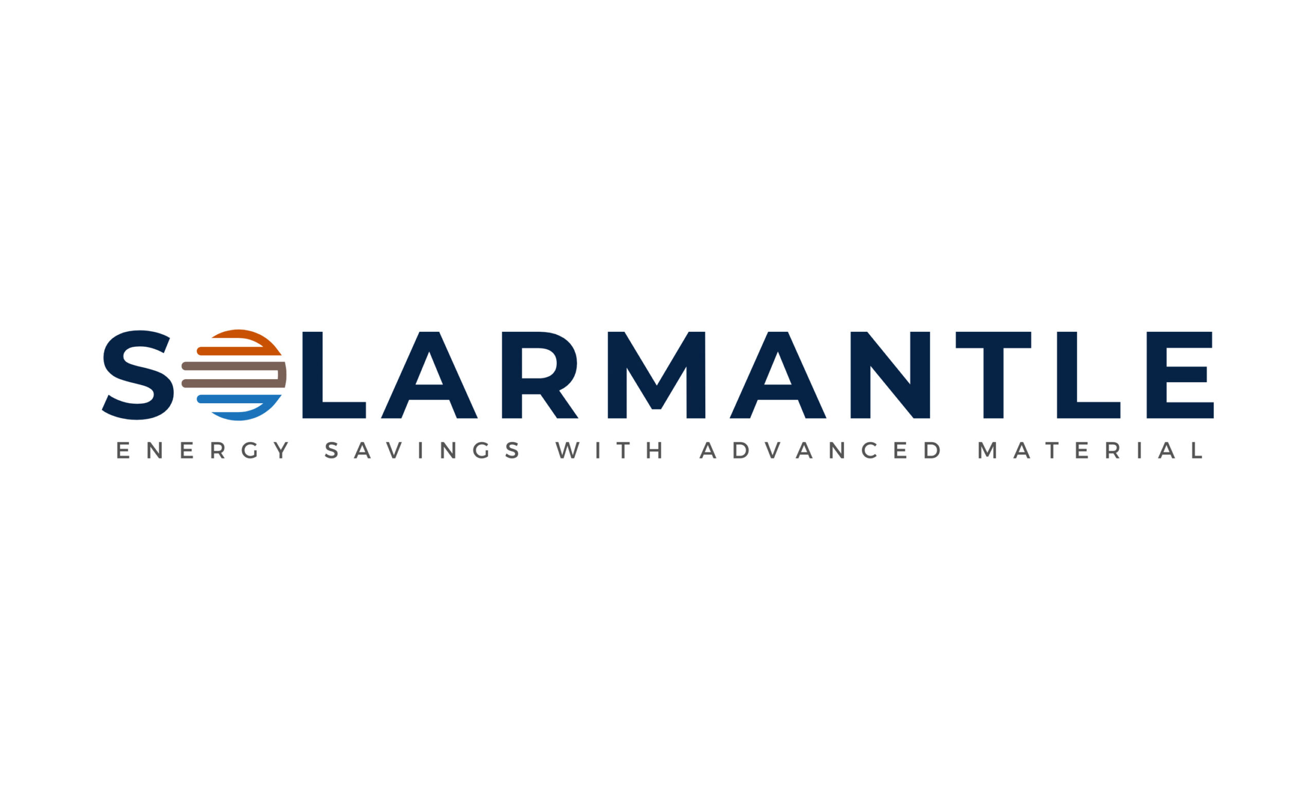 In black all-caps reads "SolarMantle" where the "O" contains various lines of red, green, and blue. Beneath this text reads in thin black all-caps, "Energy Savings with Advanced Material."