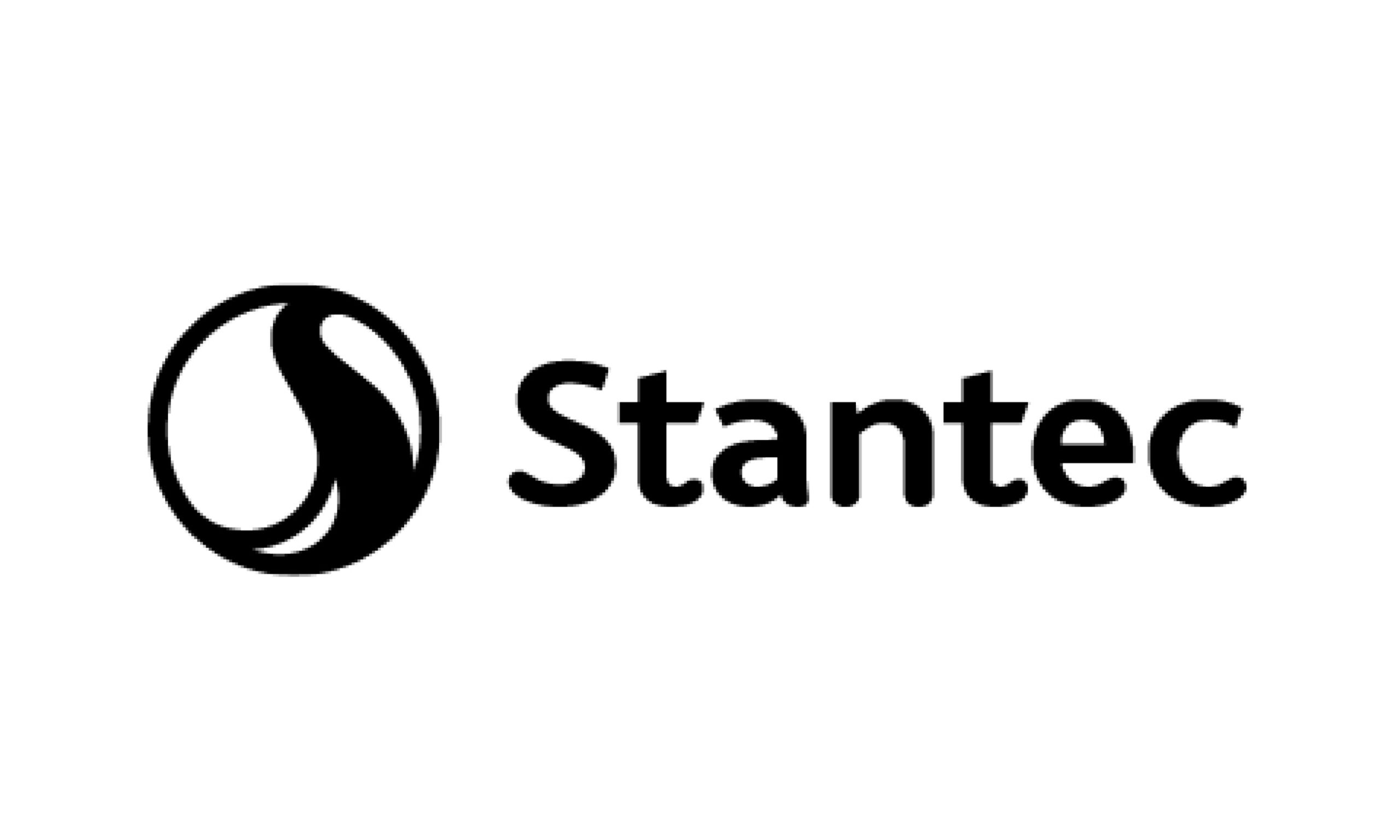 In black bold font reads "Stantec." On the left of the text is a black circular logo, with a bold line border and some swirled black lines within.