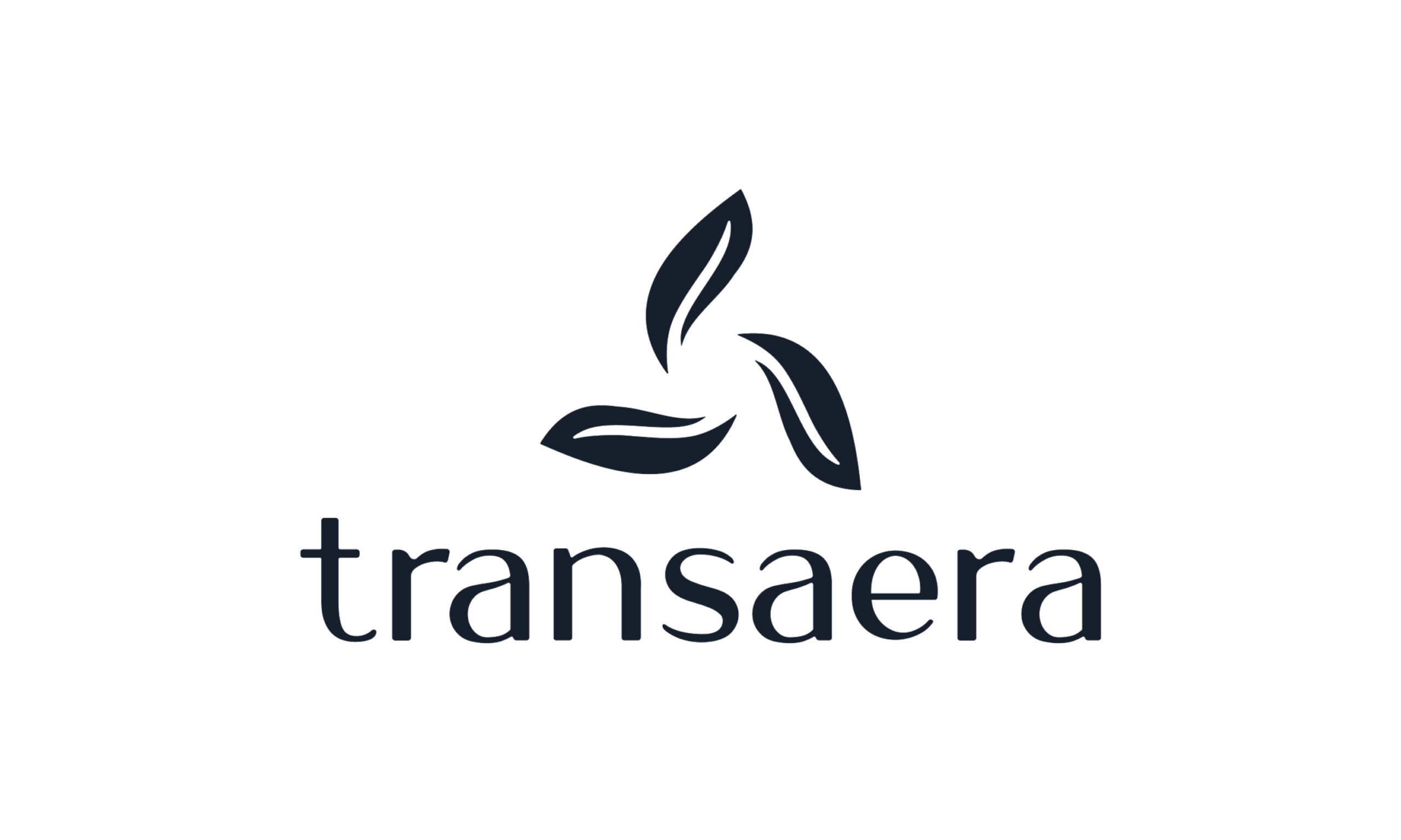 In black futuristic lowercase reads "Transaera." Above the text is a triangular logo comprised of three black leaves.