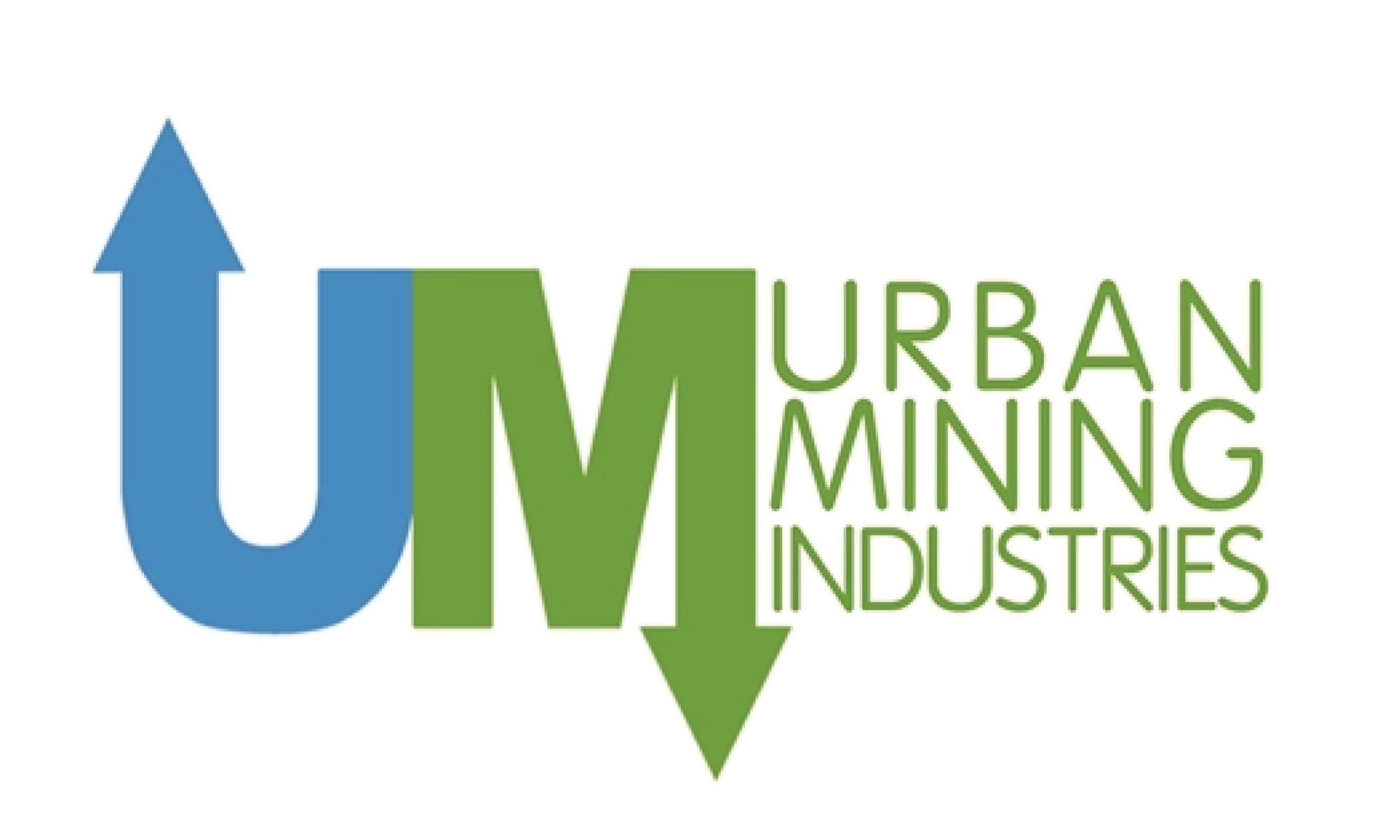 In green thin uppercase reads "Urban Mining Industries," each word stacked upon the last. On the left of the text is a large blue U with an upward pointing arrow protruding out of the left-side of it. Next to the U is a green M with a downward-pointing arrow protruding out of the right side of it.
