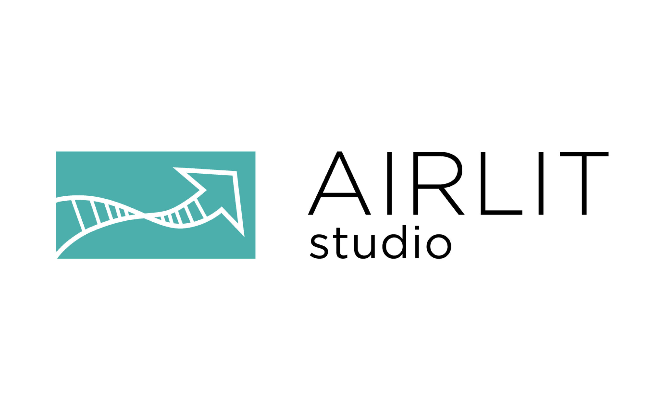 In black, thin all-caps reads "AIRLIT," under which reads "studio" in lowercase thin black font. On the left of the text is a teal box which contains a thin-line arrow twisting.