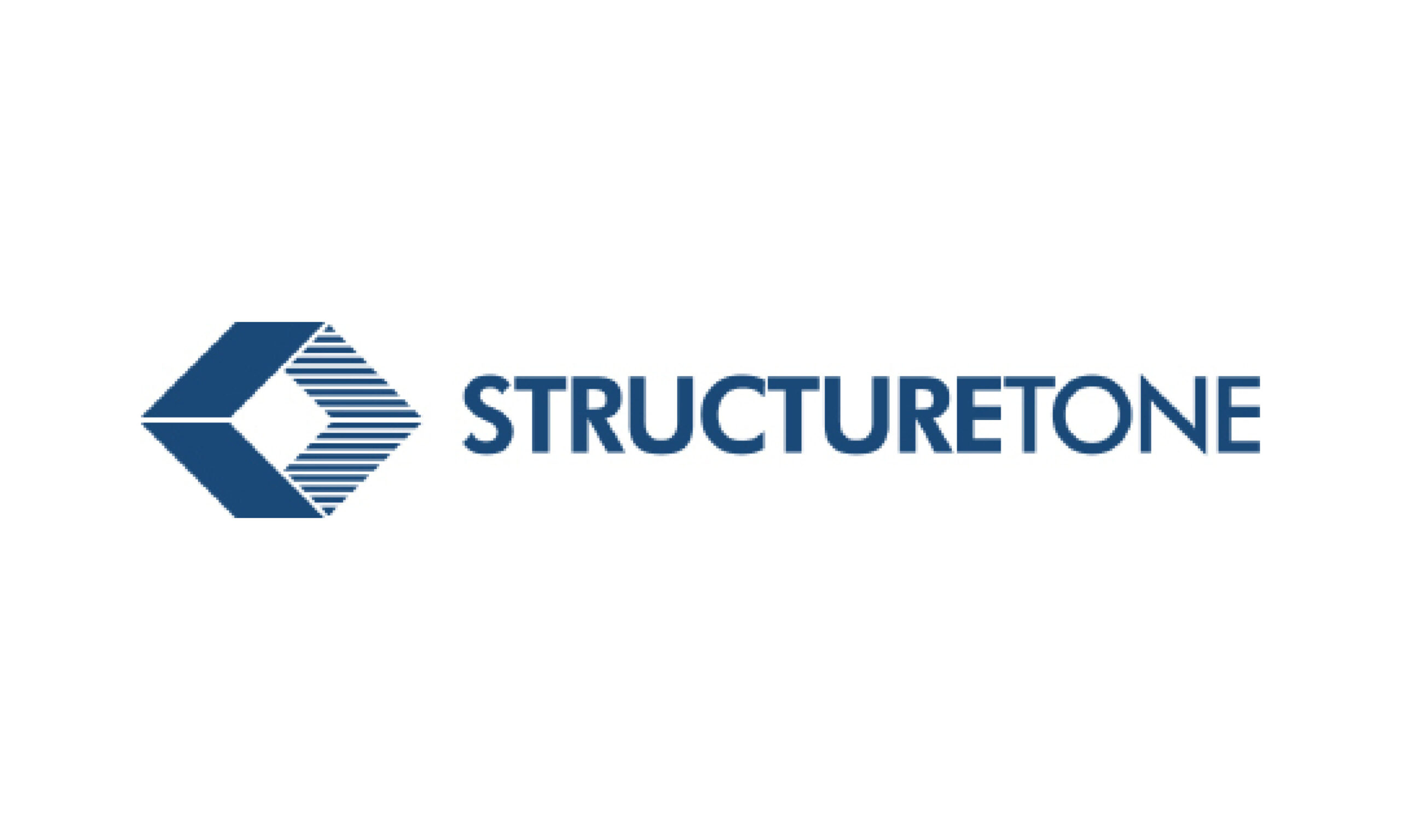 In dark blue text reads "Structure Tone." On the left of the text is a dark blue diamond, partly solid blue and partly striped.