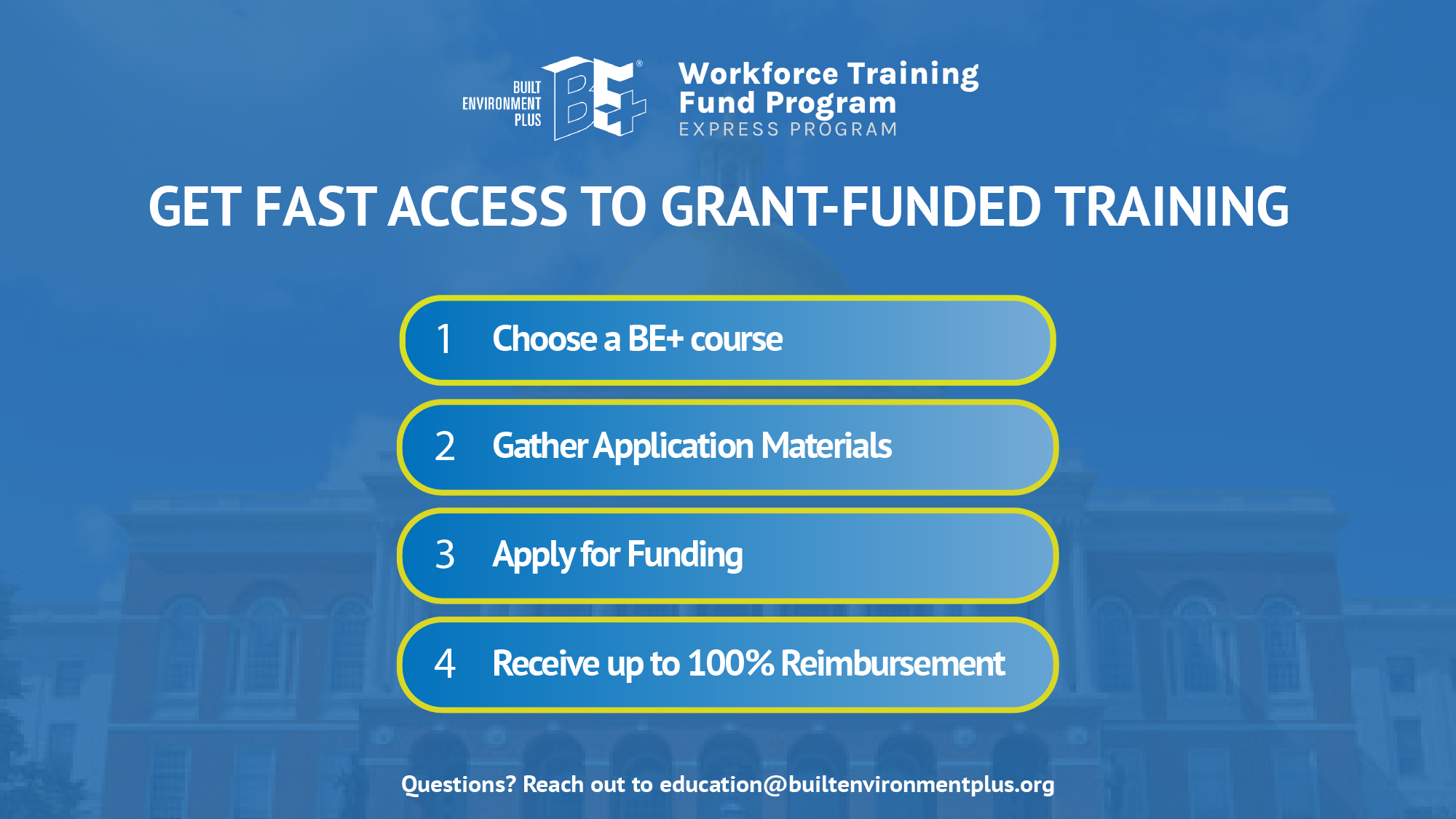 Get Fast Access to Grant-Funded Training: Choose a BE+ course, Gather Application Materials, Apply for Funding, Receive up to 100% Reimbursement. Questions? Reach out to @education@builtenvironmentplus.org